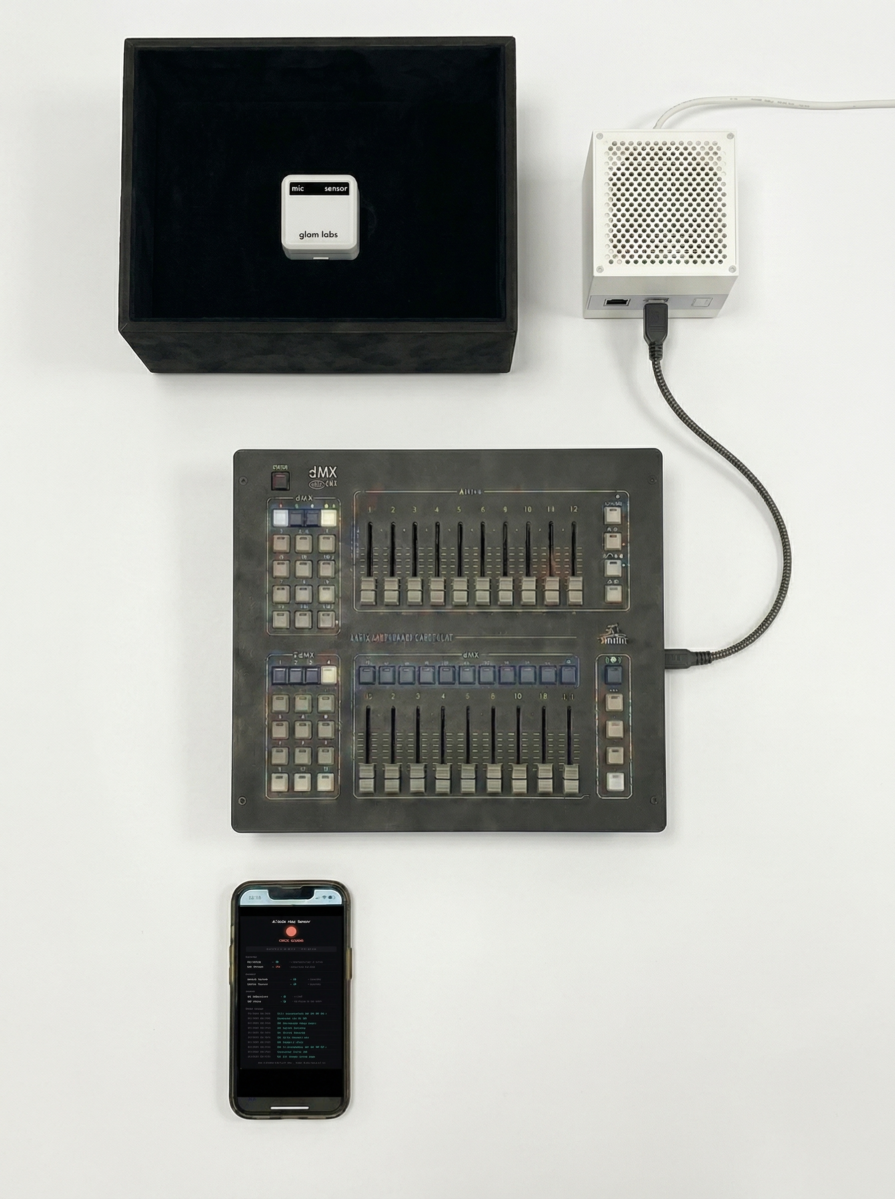 Glom Labs system diagram showing sensor, hub, cable, AV system, and mobile app connections